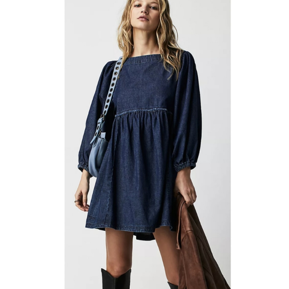 Free People Get Obsessed dark wash denim oversized mini dress size M/L